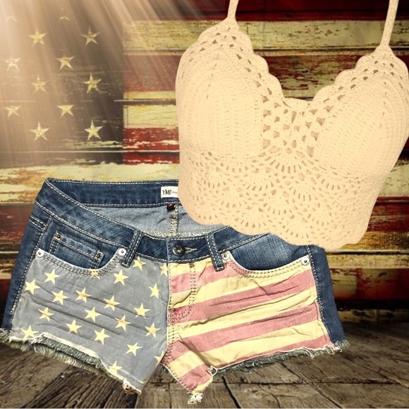 2pc. Set YMI Stars & Stripes Cut-Off American Flag Low Rise Shorts & Tee Shirt - Picture 6 of 14